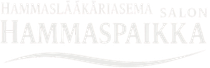 Hammasklinikan logo "HAMMASPAIKKA", jonka yläpuolella on teksti ja alla vaaleanharmaa kaareva viiva.