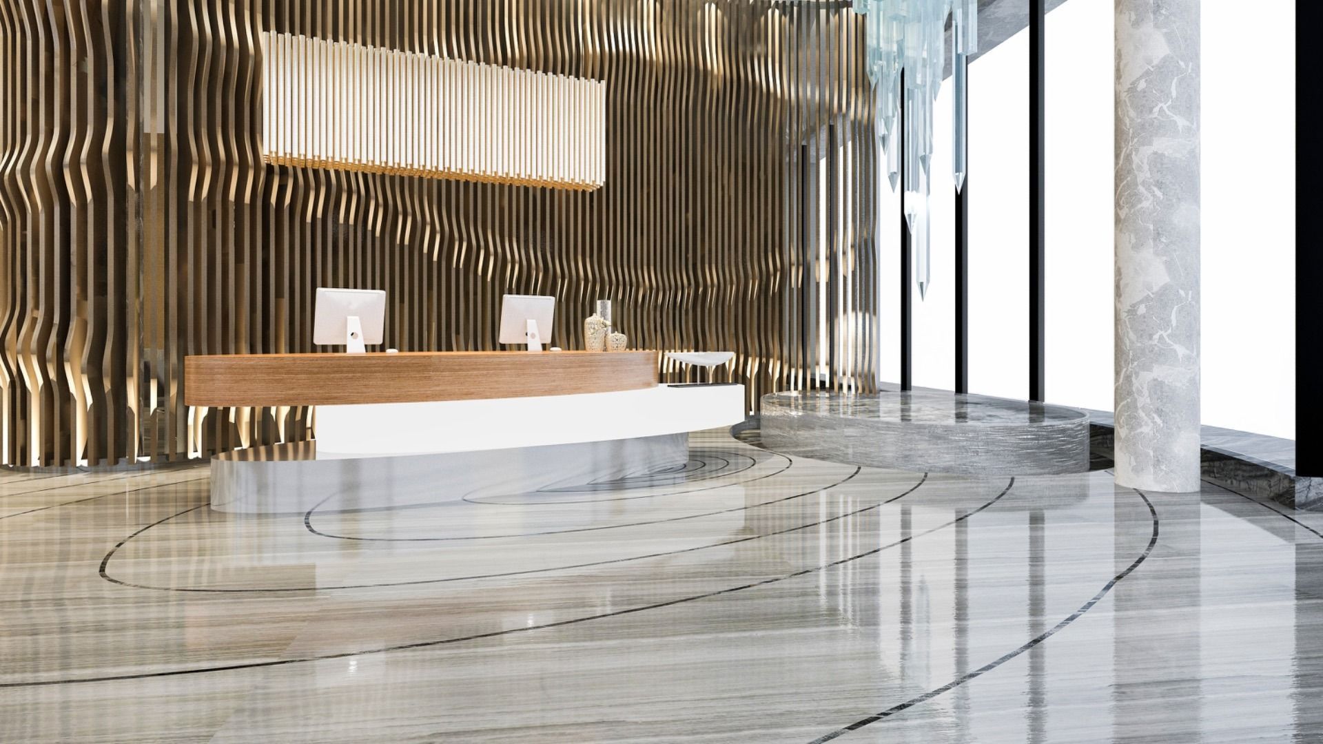 Una representación 3D de un vestíbulo moderno con un mostrador de recepción de madera.