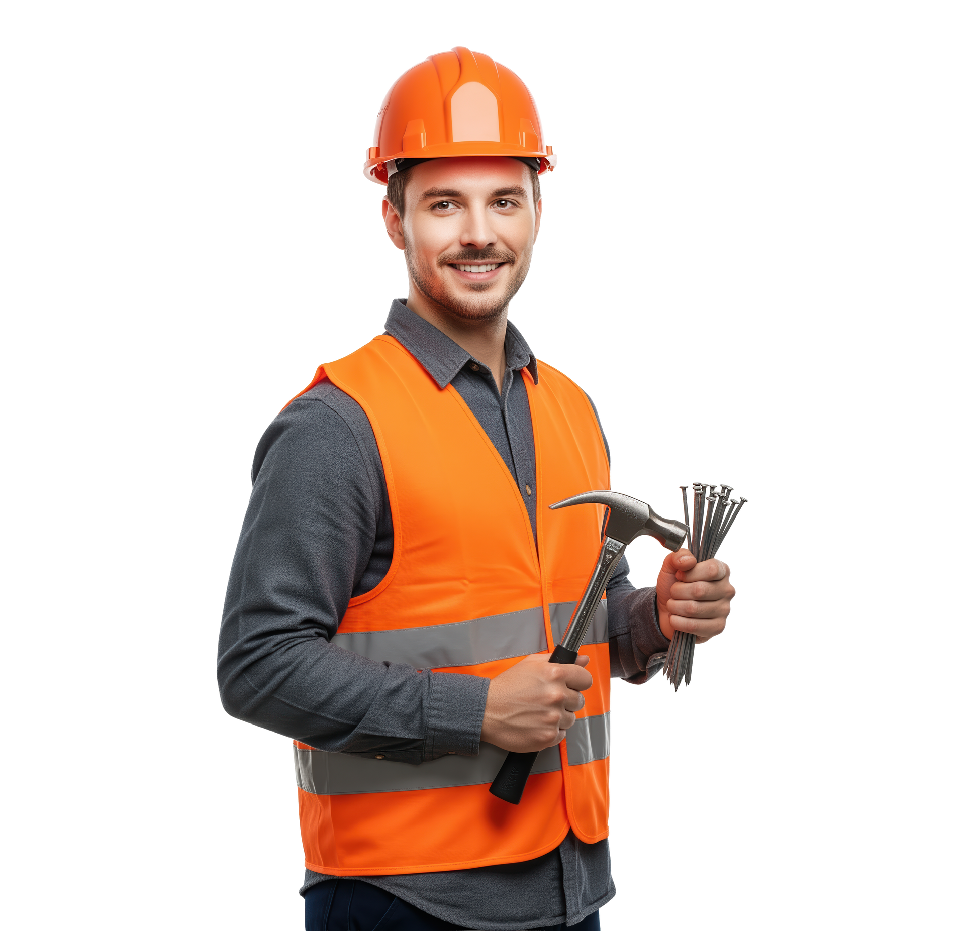 Ouvrier du bâtiment en tenue de sécurité orange, tenant un marteau et des clous, souriant.