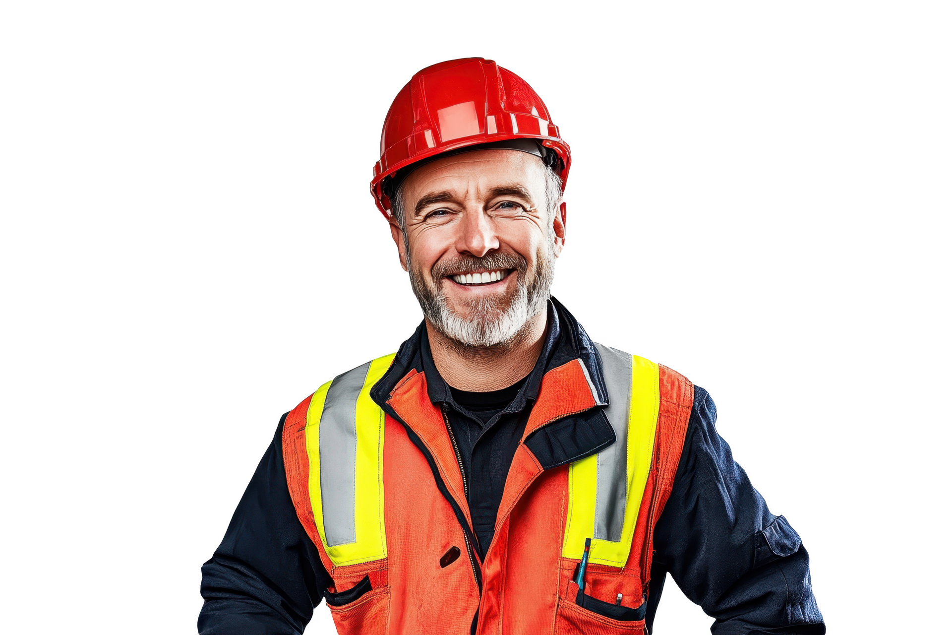 Ouvrier du bâtiment souriant, portant un casque rouge et un gilet de sécurité orange.