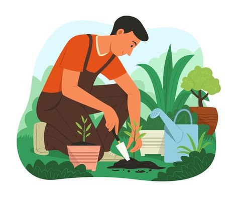 Un hombre está plantando una planta en una maceta en un jardín.