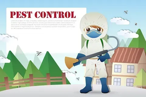 Una ilustración de dibujos animados de un trabajador de control de plagas rociando una casa.