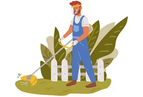 Un hombre está cortando el césped con una cortadora de césped en un jardín.