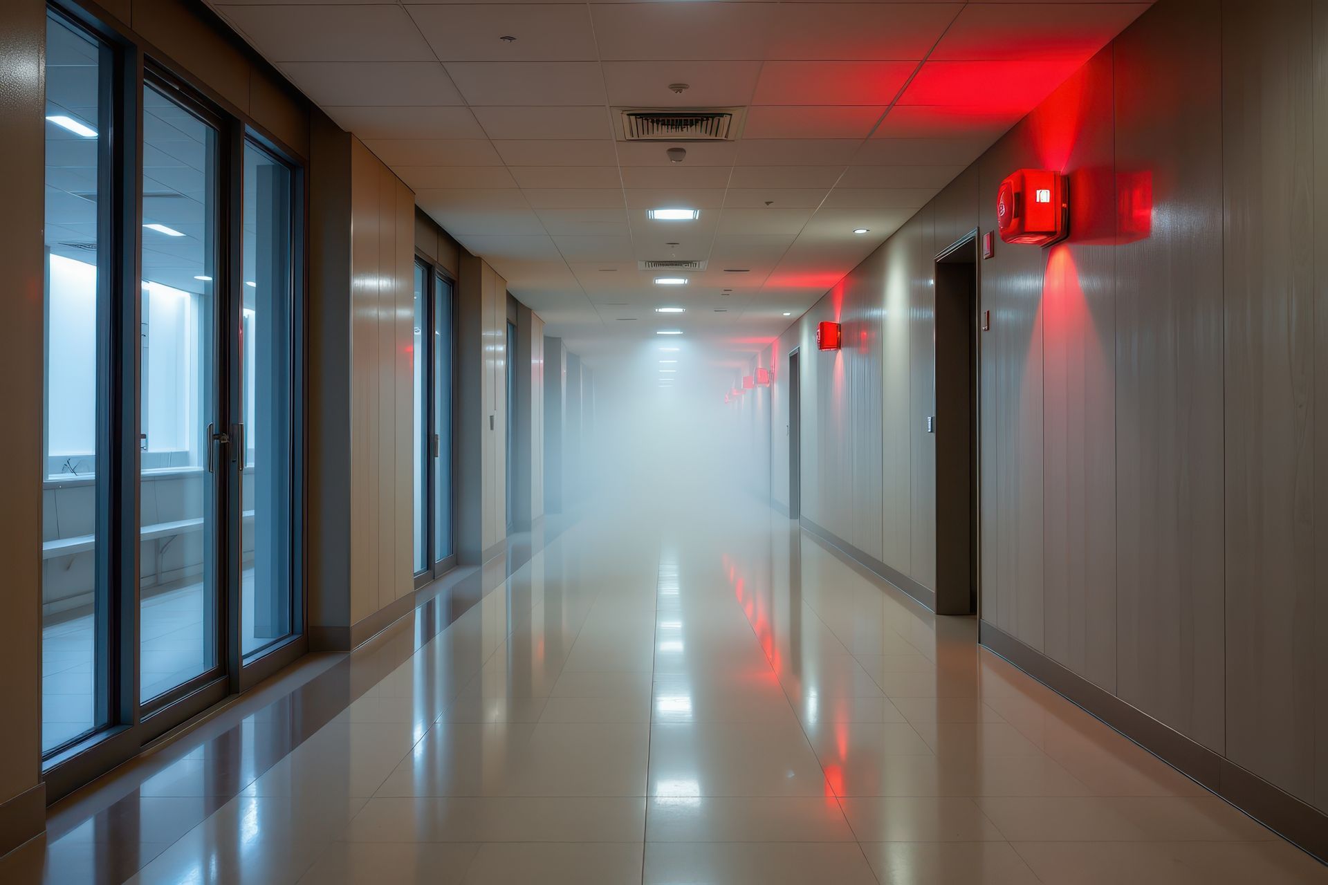 Du brouillard dans un couloir avec une alarme