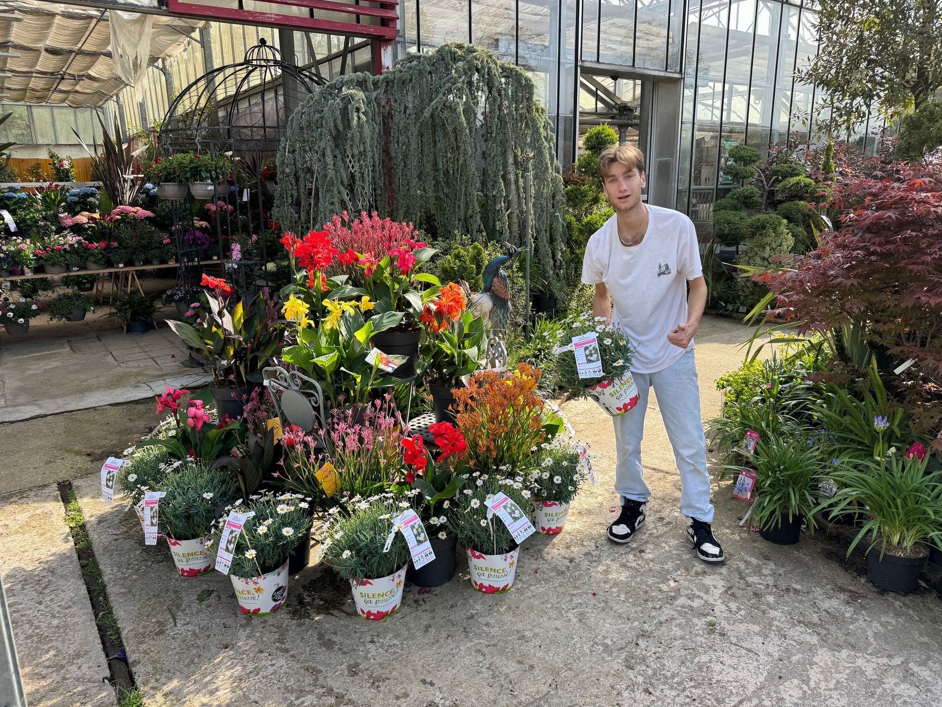 Homme à côté d'un parterre de fleurs