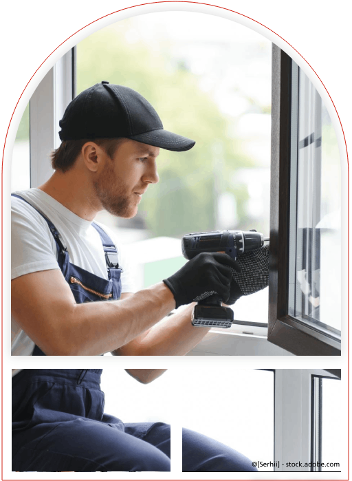 Mann mit Bohrmaschine an einem Fenster