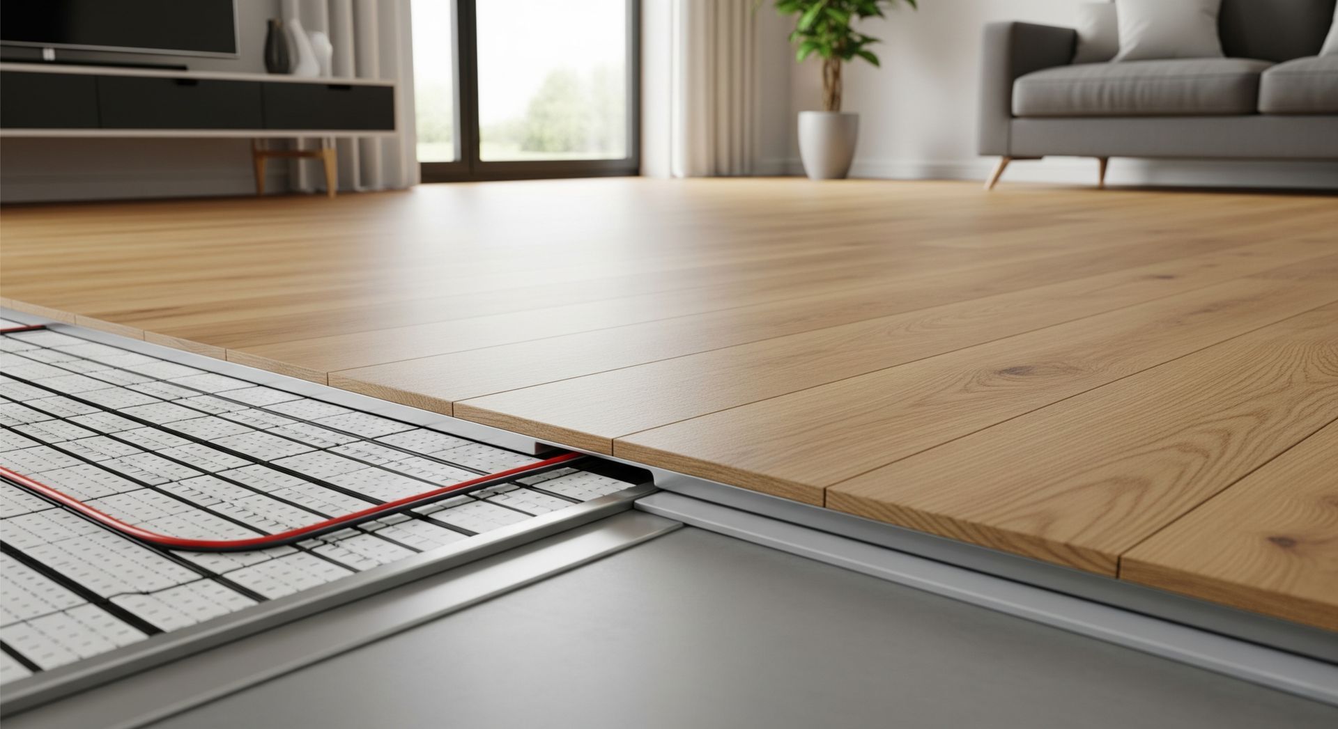 Gros plan montrant une section de plancher avec chauffage au sol radiant installé