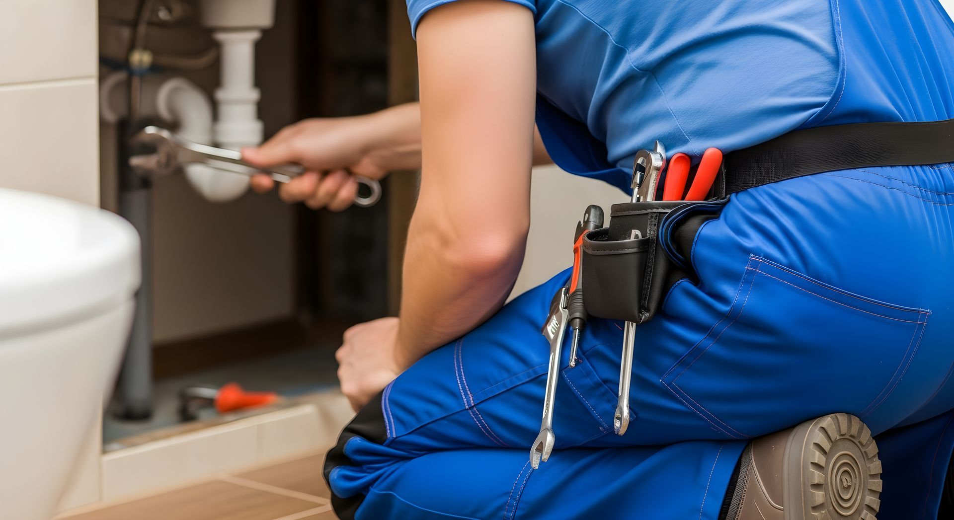 Un plombier en salopette bleue, agenouillé, travaille sur des tuyaux sous un évier avec une clé