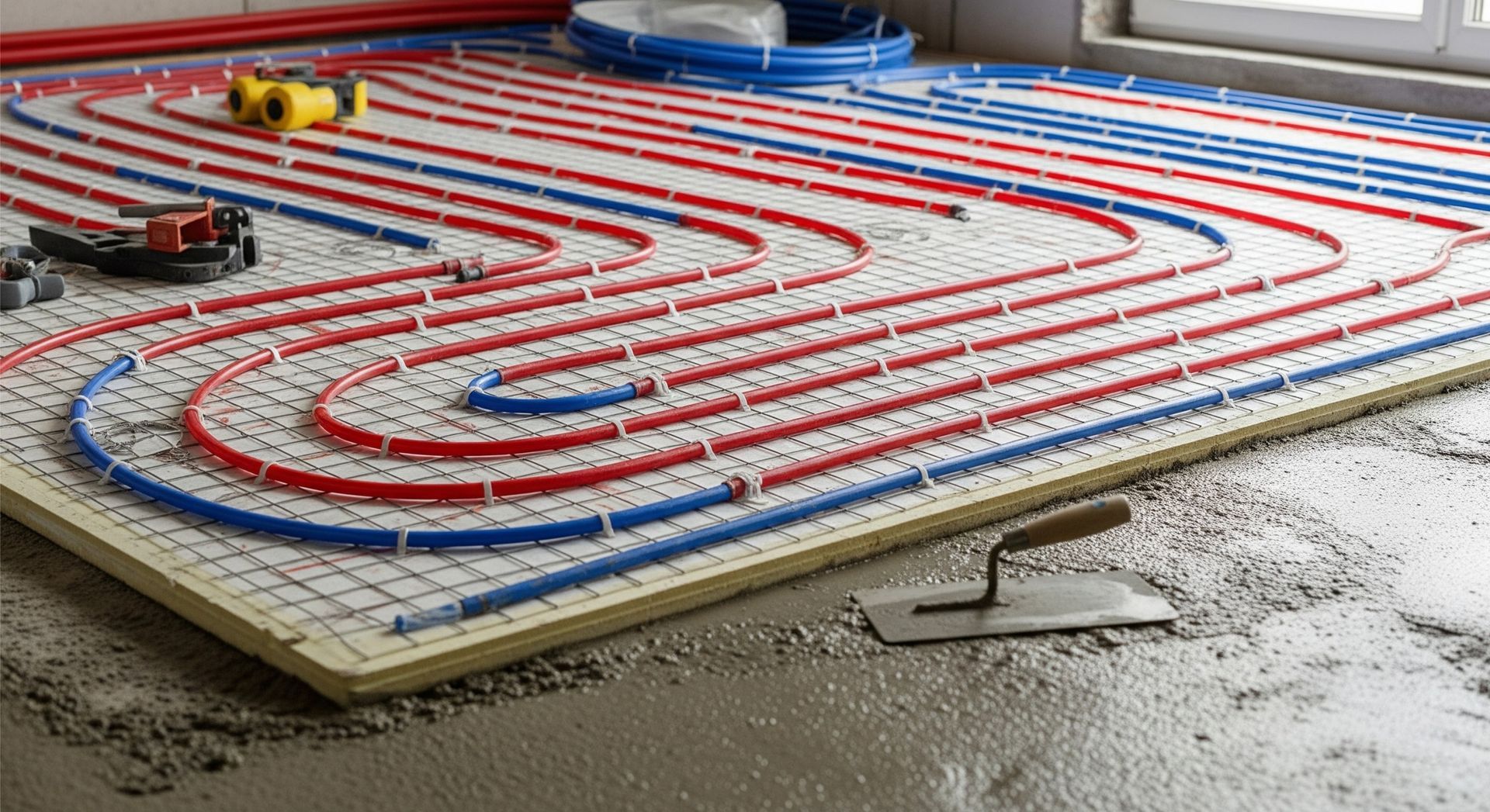 Tubes de chauffage au sol radiant rouges et bleus sur un panneau de mousse, encastrés dans du béton