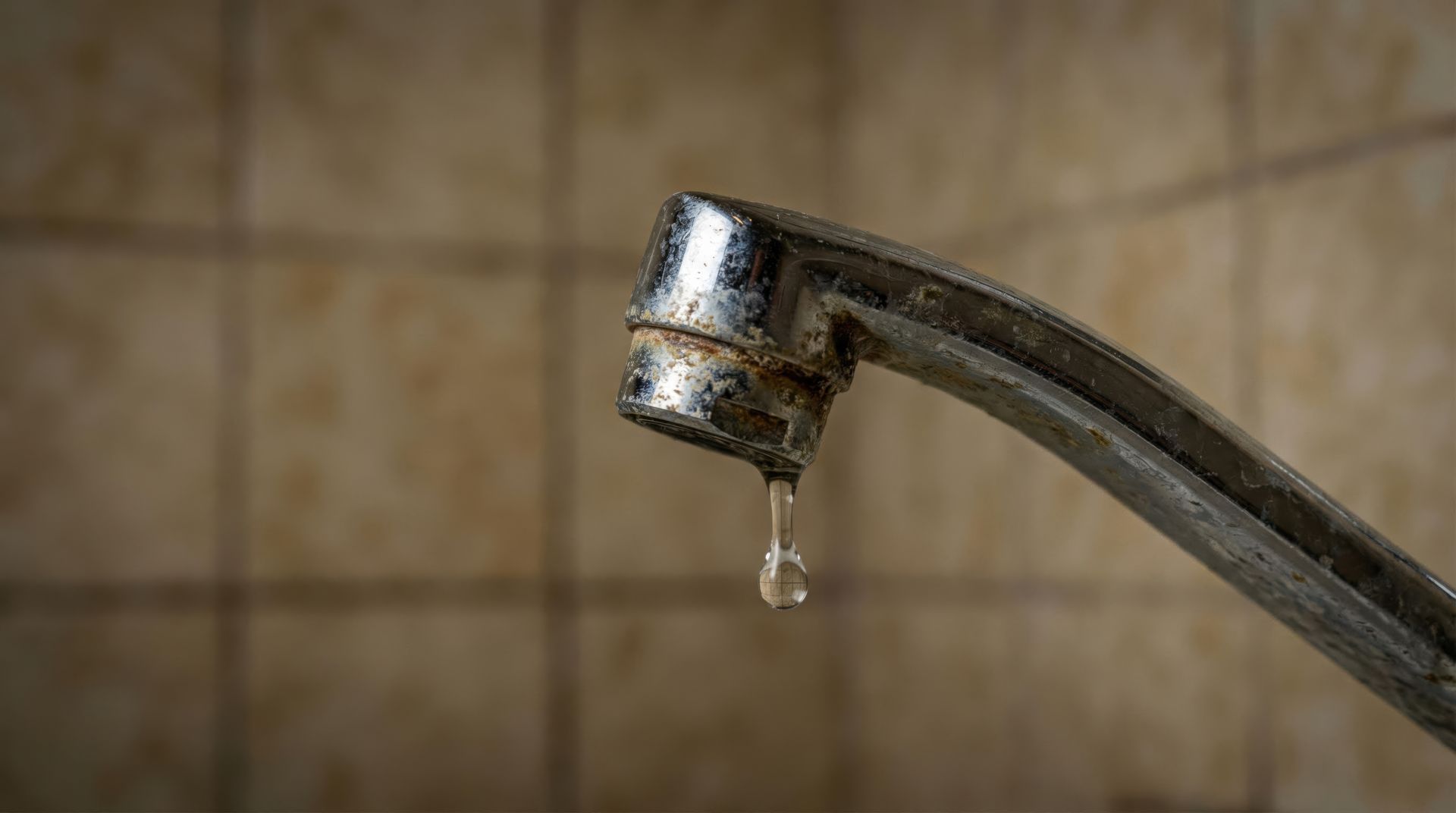 Robinet qui goutte, présentant des traces de rouille et d'usure, contre un mur carrelé