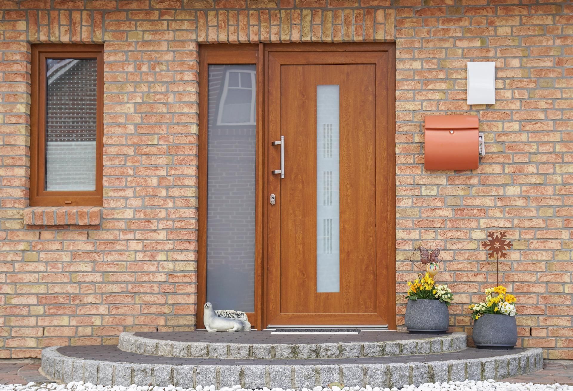 Eingang eines Backsteinhauses mit Holztür, schmalem Fenster, Briefkasten und Topfpflanzen auf Steinstufen