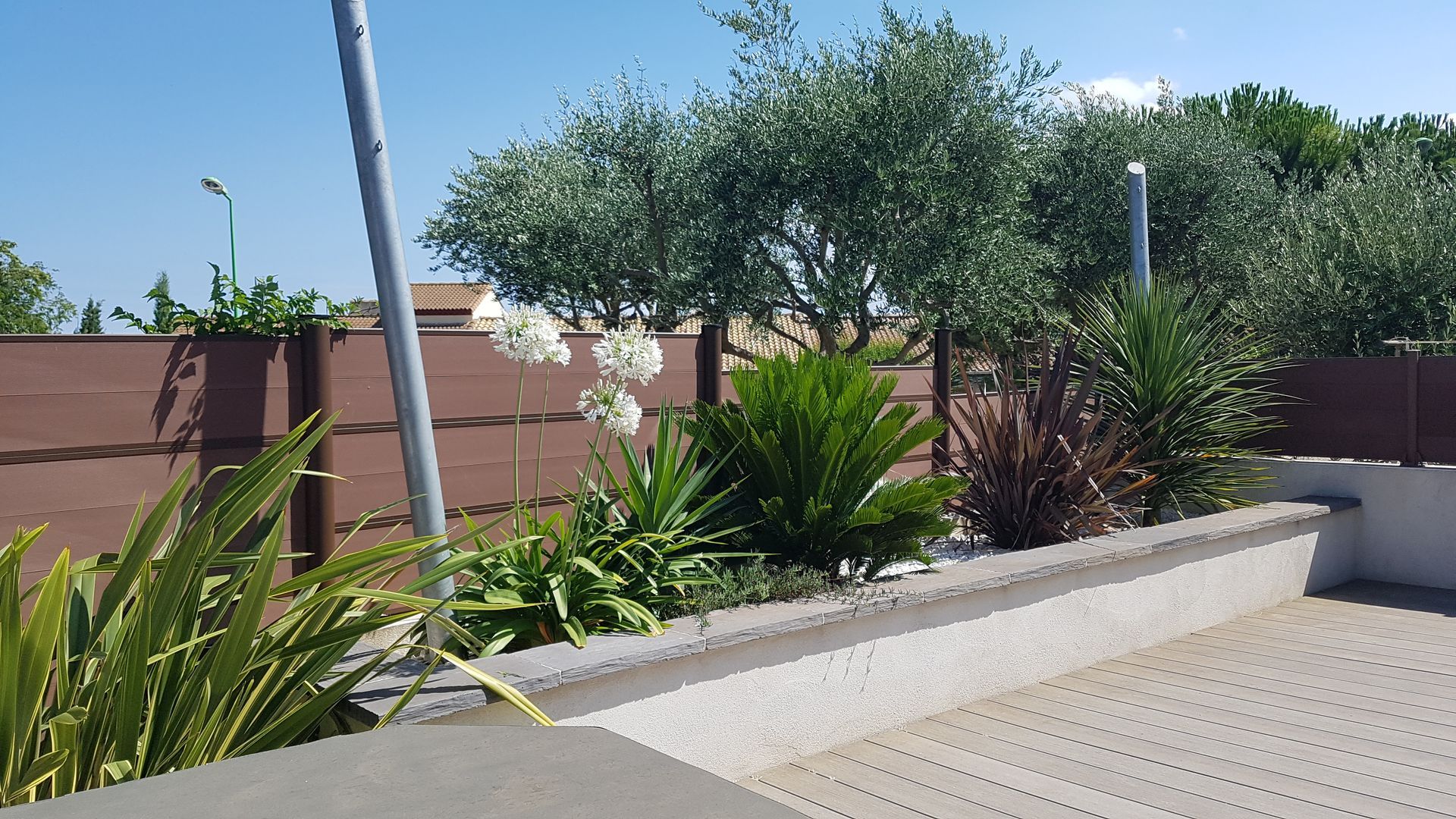 Une terrasse en bois entourée d'arbustes.
