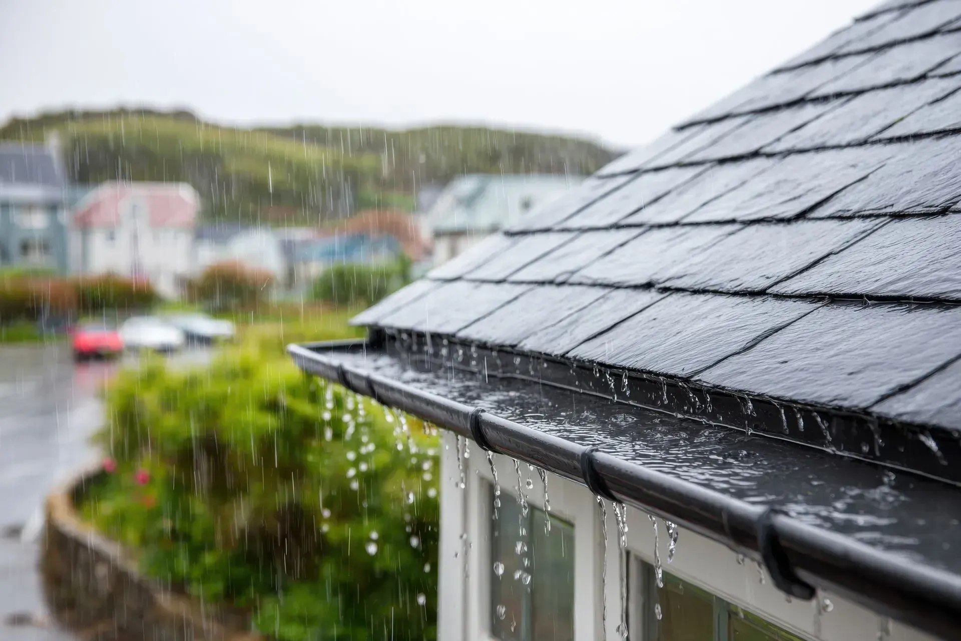 Pluie tombant d'un toit noir et d'une gouttière sur une maison, arrière-plan flou de maisons et d'arbres.