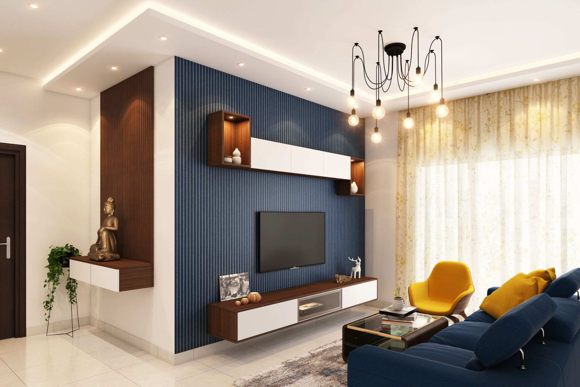 Una sala de estar con sofá, silla, mesa y televisión.