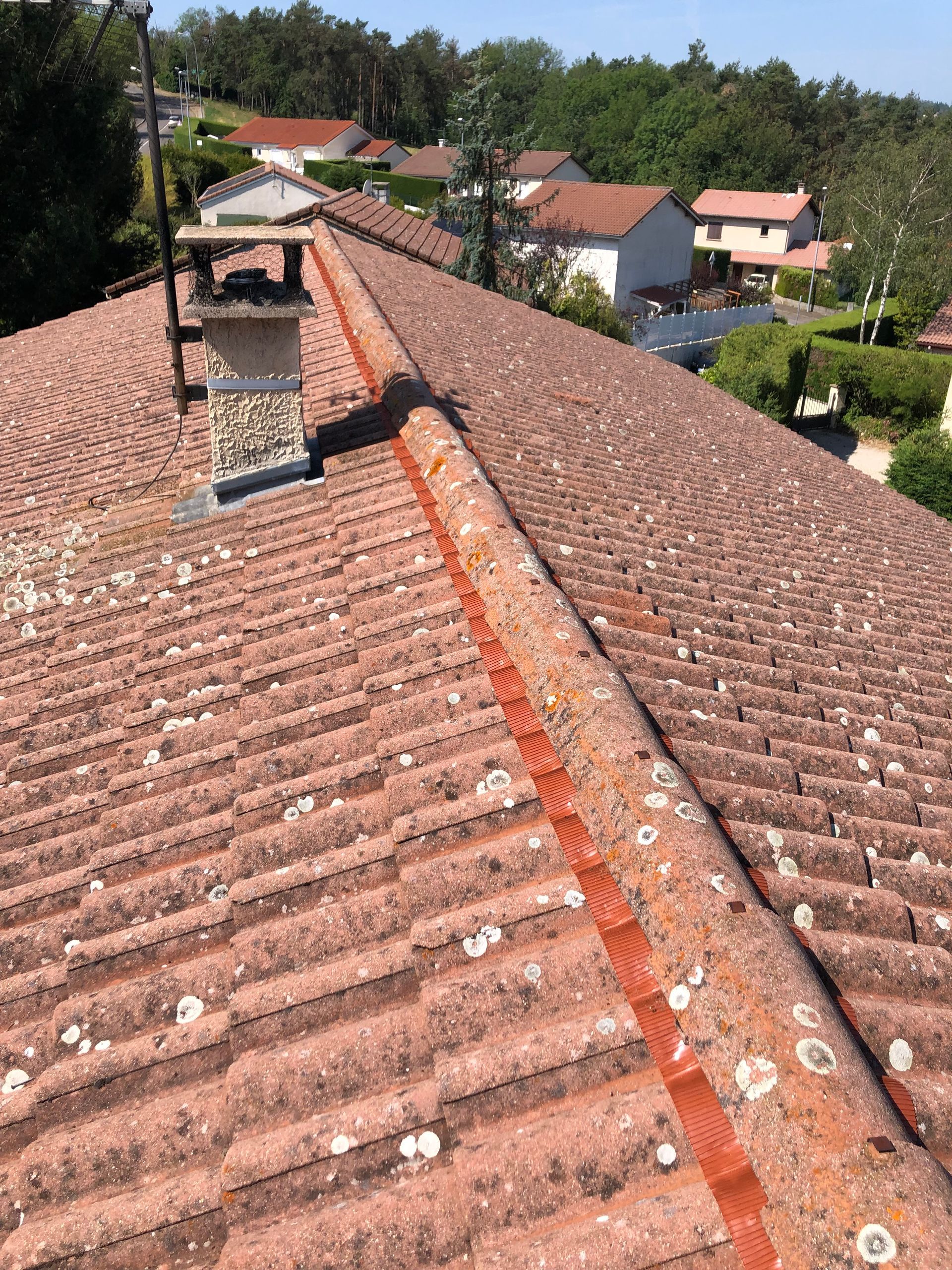 Toiture en tuile de terre cuite rouge avec cheminée, donnant sur des maisons et des arbres par une journée ensoleillée.