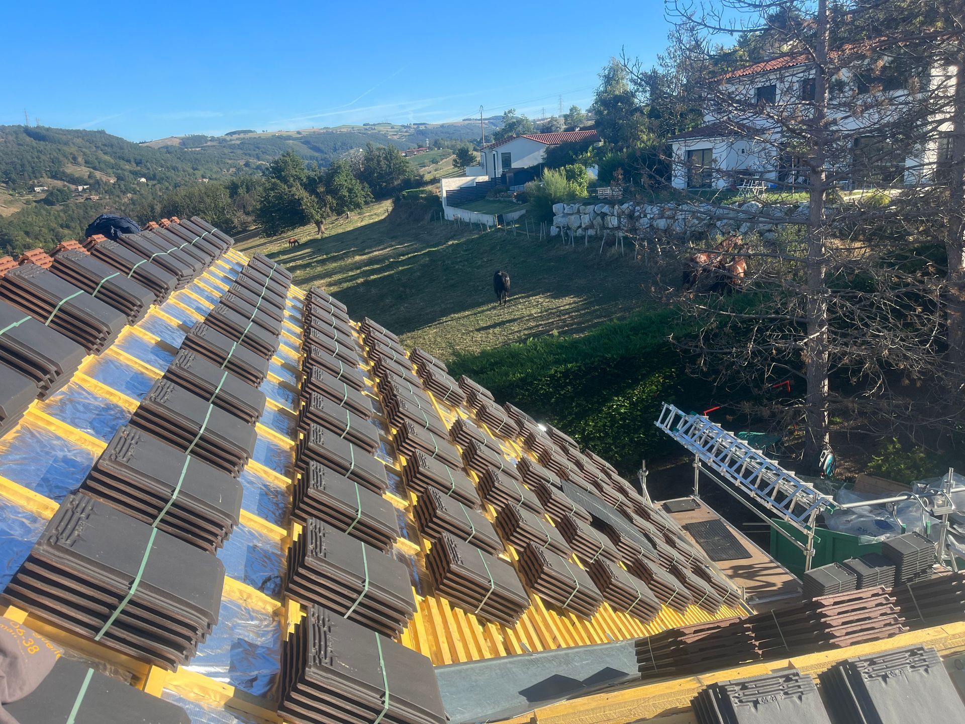 Toit recouvert de tuiles brunes et de bandes jaunes donnant sur une colline herbeuse et des montagnes au loin.