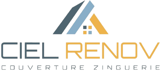 Logo de Ciel Rénov avec une icône de toit stylisée grise, bleue et jaune au-dessus du nom de l'entreprise.