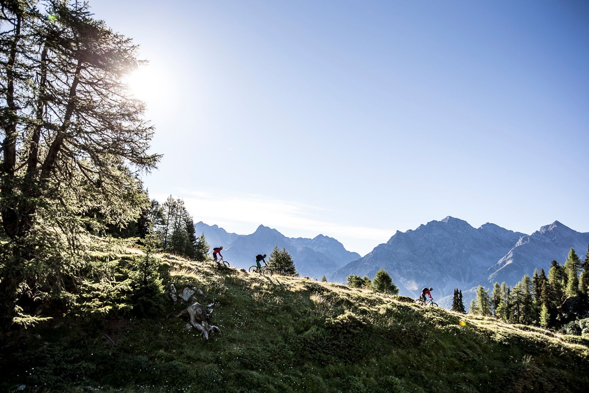 Eine Gruppe von Leuten fährt mit dem Fahrrad auf einem Hügel in den Bergen.