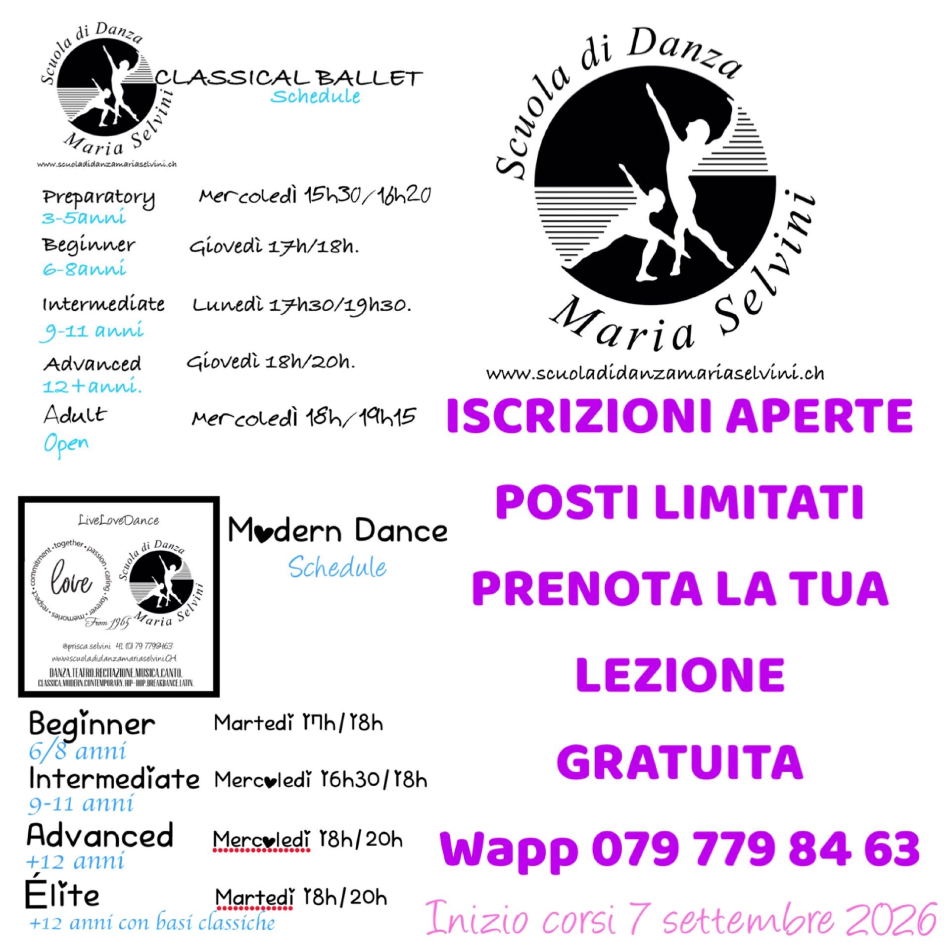 Volantino in italiano di una scuola di danza con corsi di danza classica e moderna, 