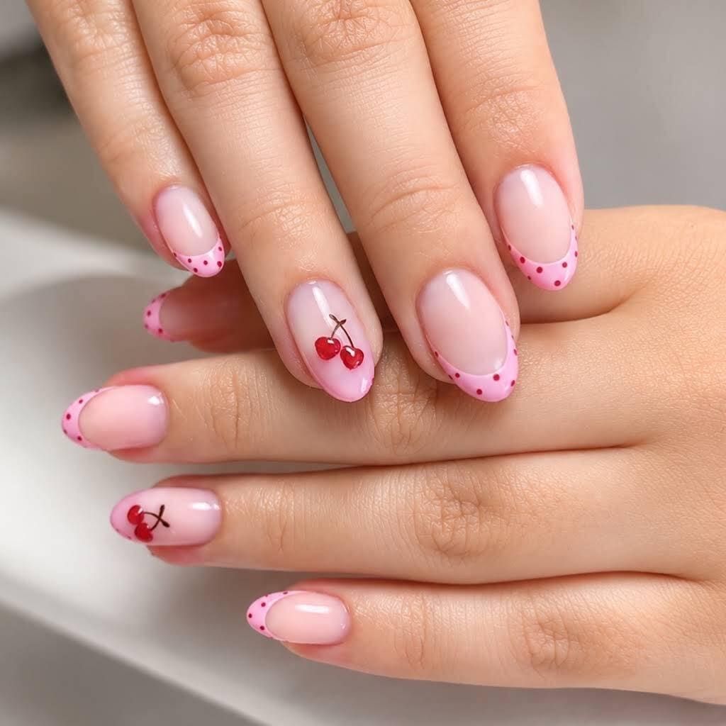 Manicura rosa con un pequeño corazón rojo decorado sobre uñas naturales, manos suavemente cruzadas.
