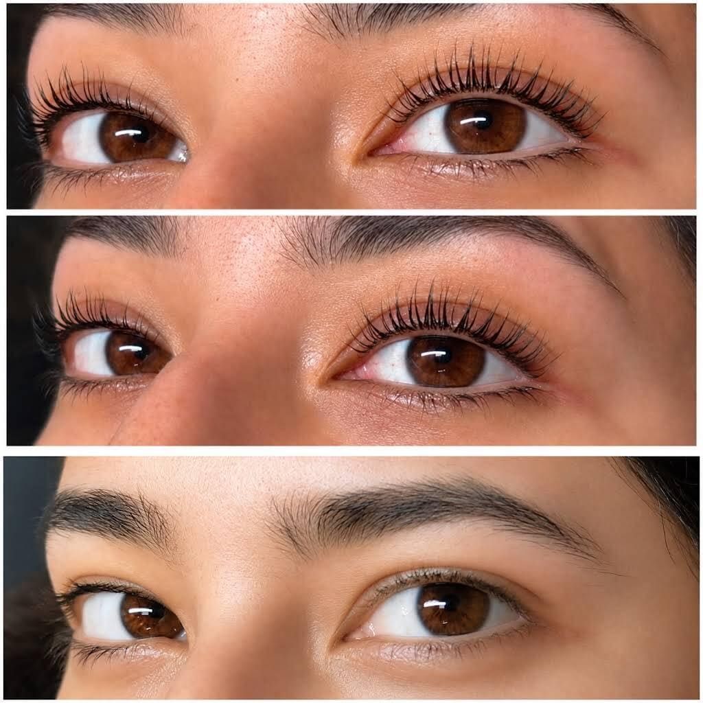 Tres imágenes de ojos en primer plano que muestran diferentes longitudes de pestañas y formas de cejas en un mismo rostro.