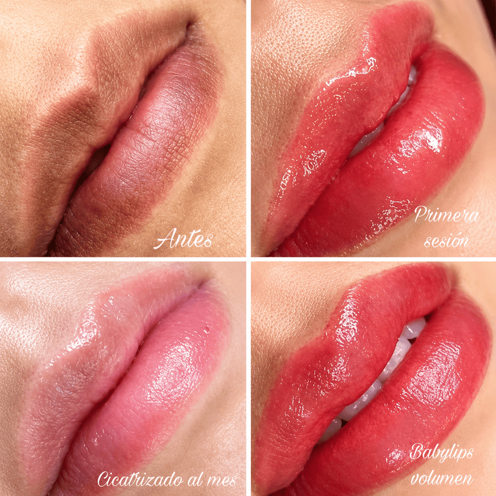 Cuatro primeros planos de labios en tonos nude, rosa y rojo brillante en un collage de 2x2.