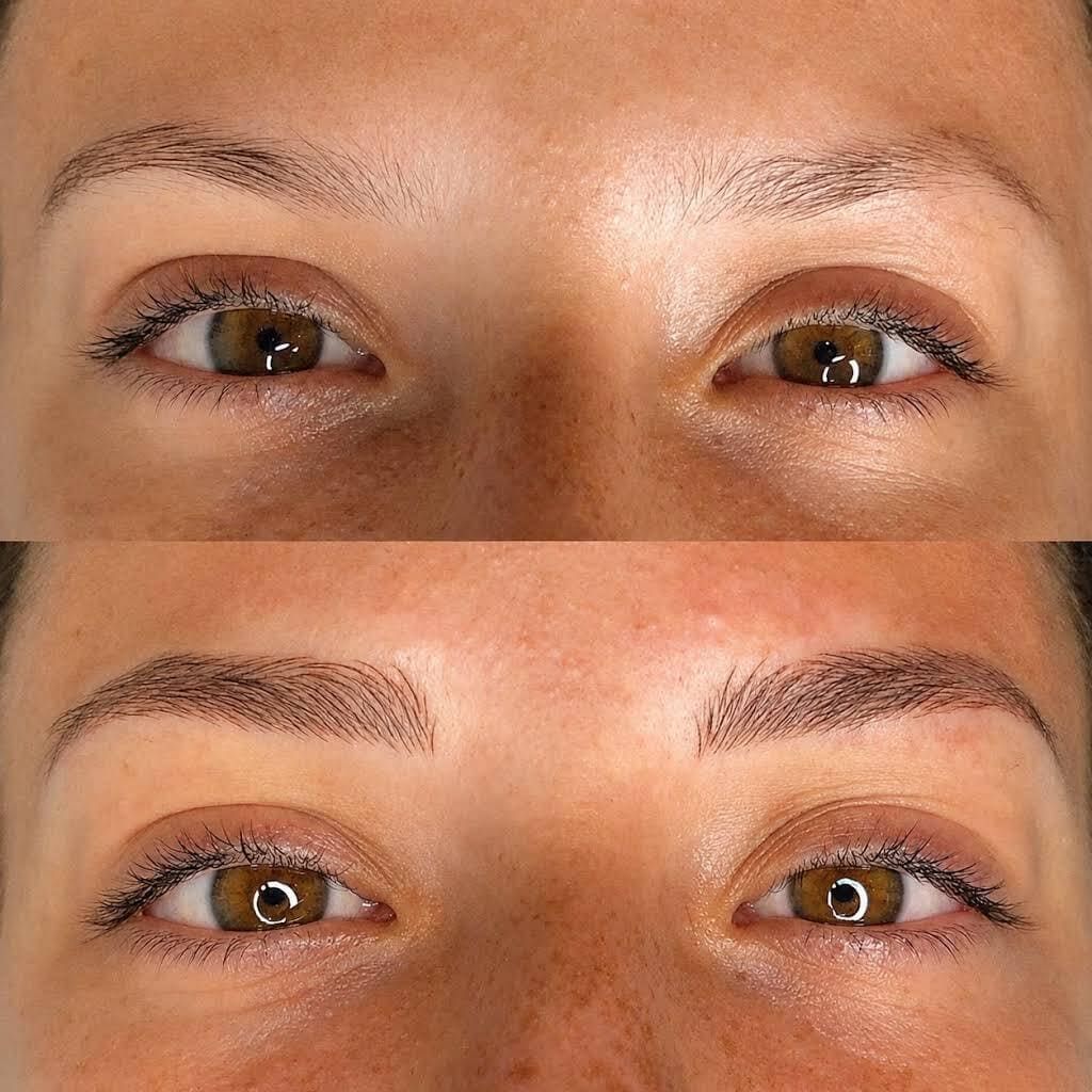 Primer plano de las cejas antes y después: cejas naturales poco pobladas arriba y cejas con forma más poblada abajo.