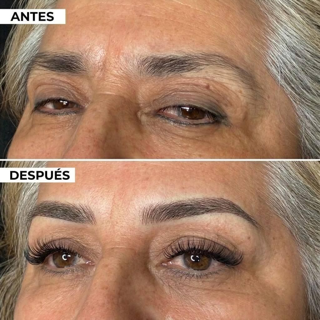 Primer plano de las cejas y los ojos antes y después del tratamiento, que muestra cejas más pobladas y definidas, y pestañas más largas.