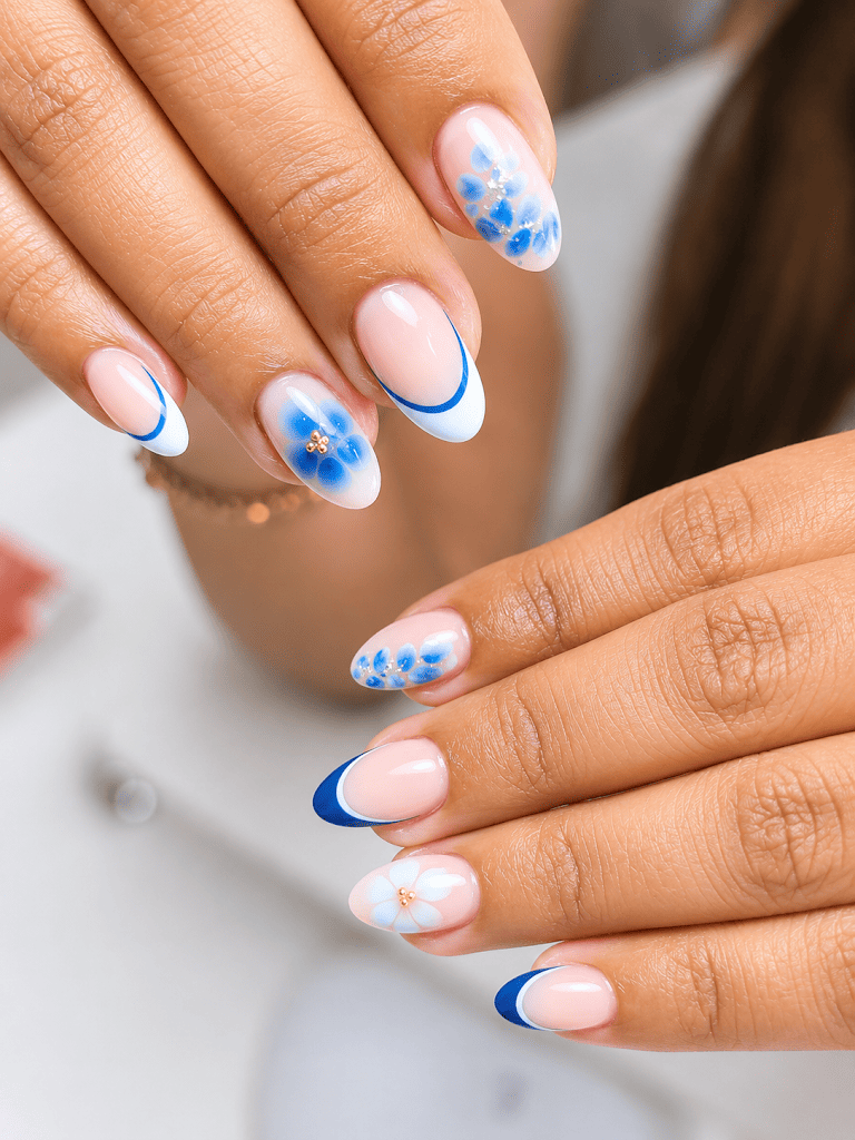 Manos con uñas pintadas con motivos florales blancos y azules, juntas sobre un fondo suave.