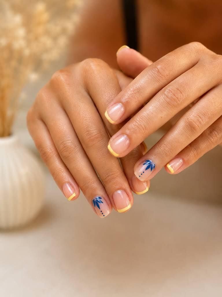 Manos con uñas color nude y diseños florales azules descansando juntas sobre un fondo beige suave.