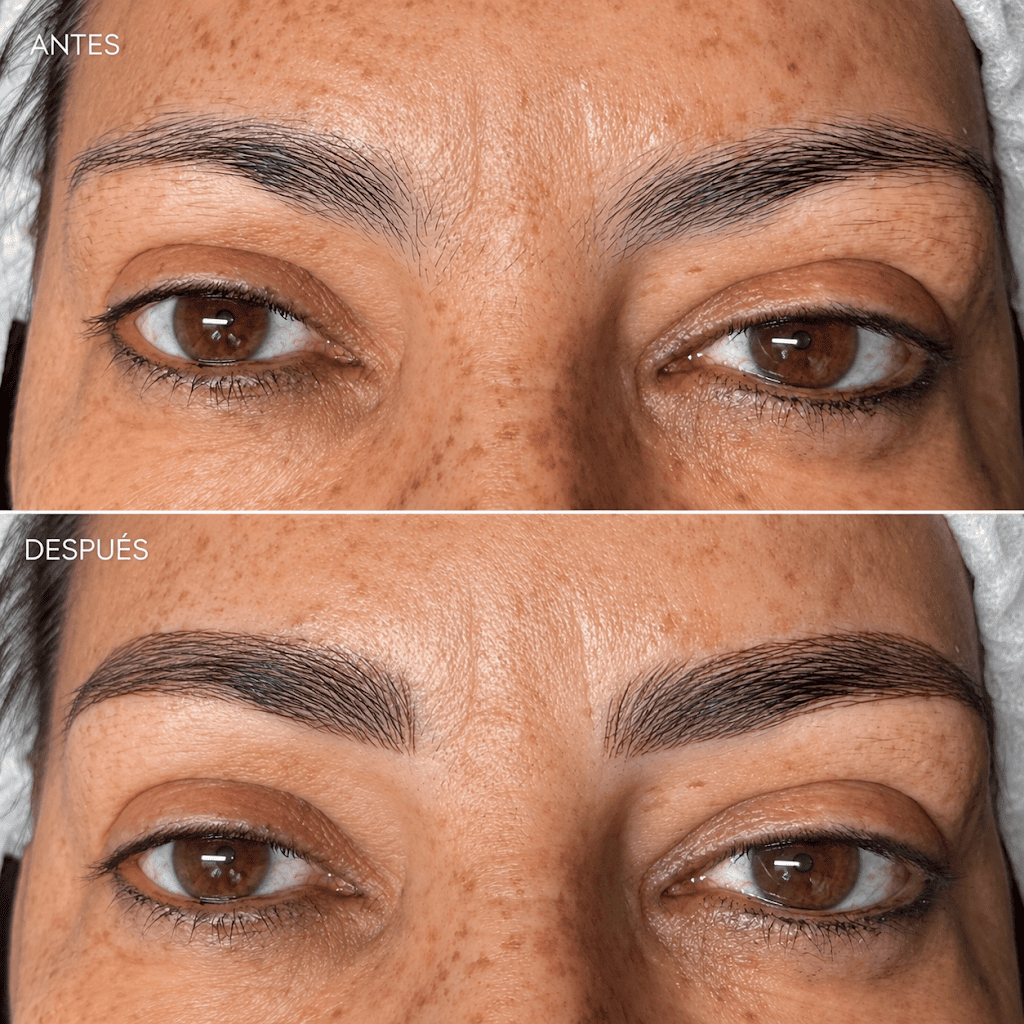 Primer plano del antes y el después del diseño de cejas en el rostro de una mujer, mostrando unas cejas más definidas y oscuras.