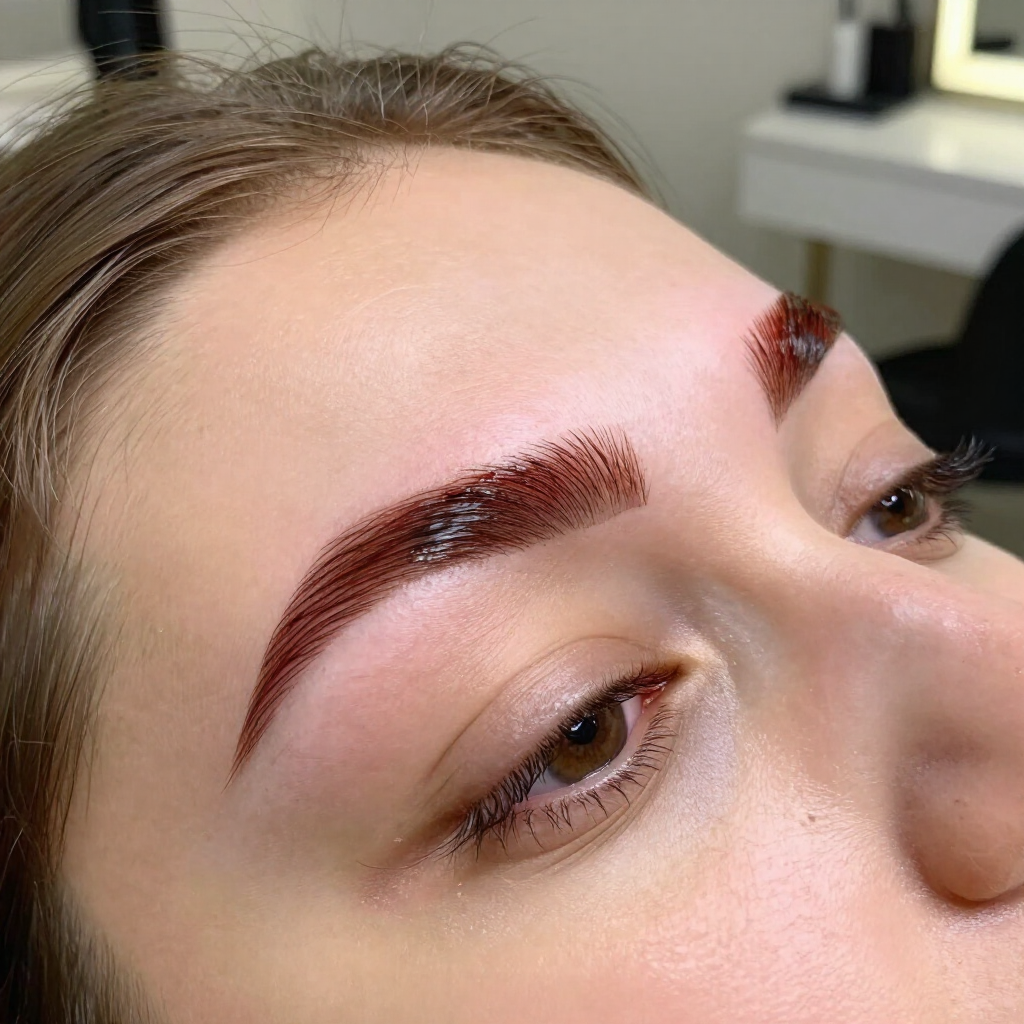 Primer plano del rostro de una persona con cejas de color rojo oscuro y ojos mirando hacia arriba.