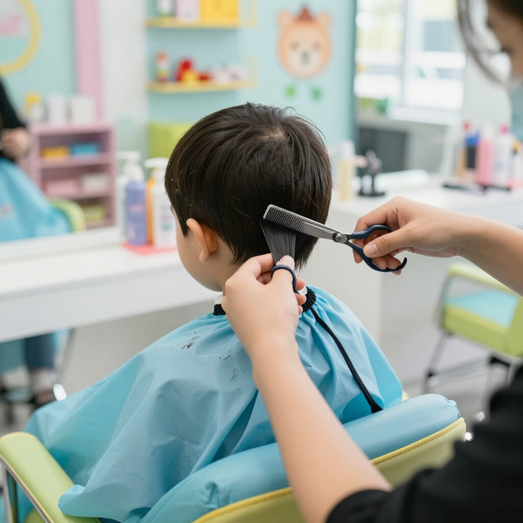 Un niño se está cortando el pelo en una peluquería luminosa, mientras un estilista le peina la parte de atrás del cabello.