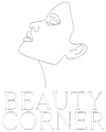 Dibujo lineal minimalista de un rostro sobre las palabras &ldquo;BEAUTY CORNER&rdquo;.