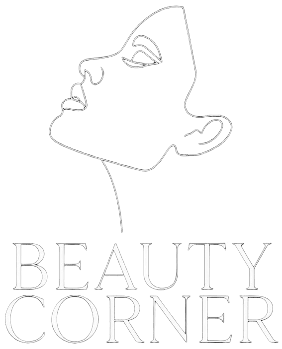 Dibujo lineal minimalista de un rostro sobre las palabras &ldquo;BEAUTY CORNER&rdquo;.