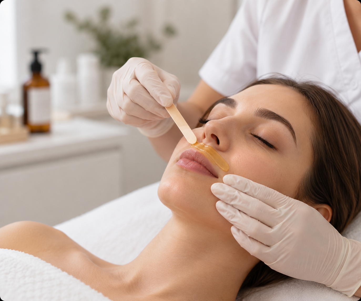 Esteticista depilando el labio superior de una mujer en una sala de tratamientos de spa.