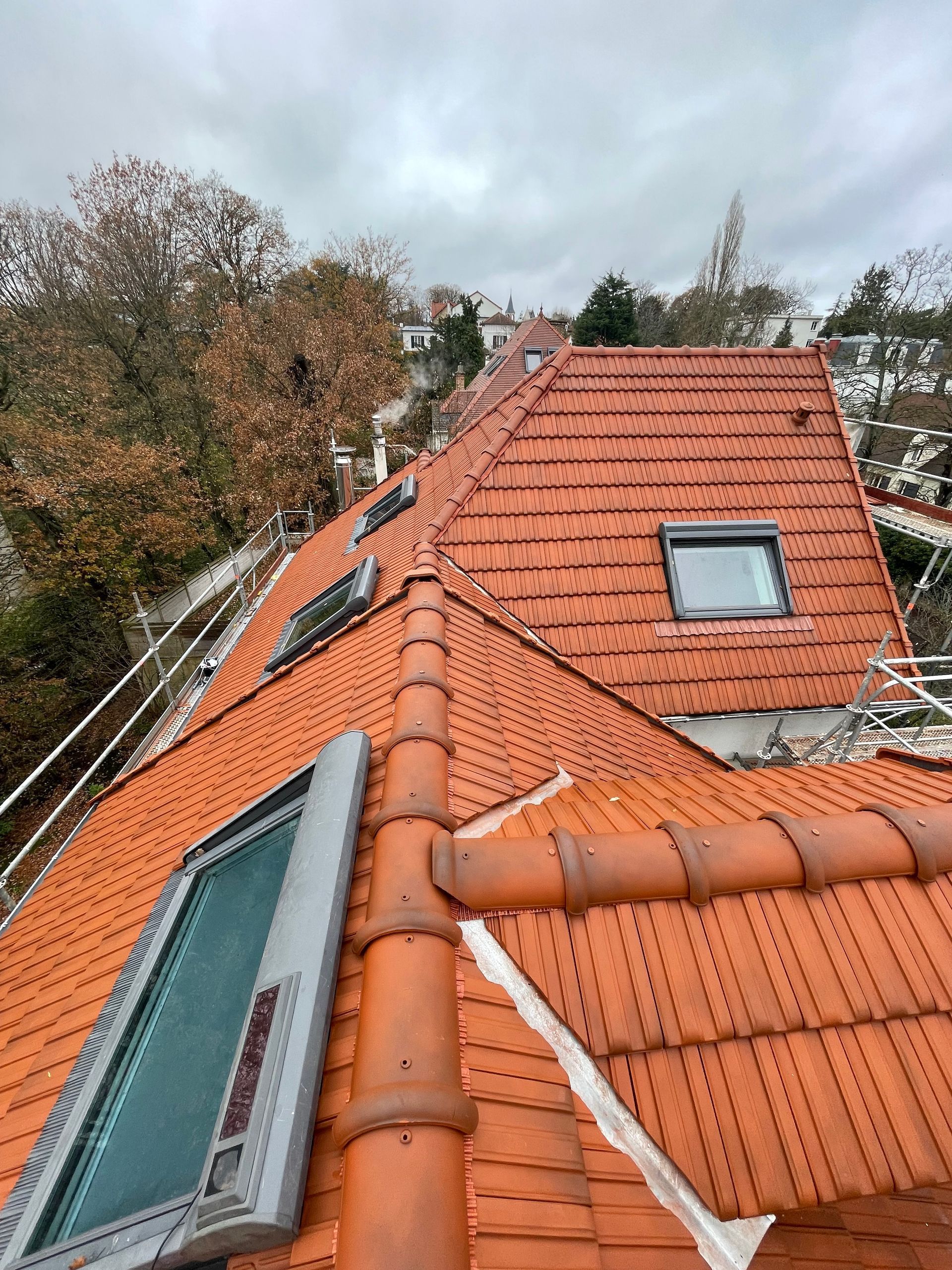 Toit en tuiles orange avec puits de lumière, gouttière et arbres en arrière-plan sous un ciel nuageux.