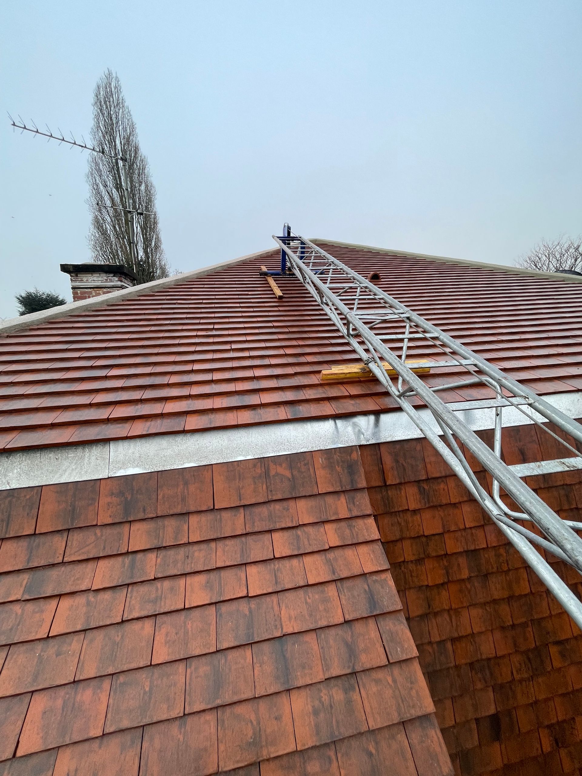 Une échelle sur un toit de tuiles rouges. Ciel gris au-dessus.