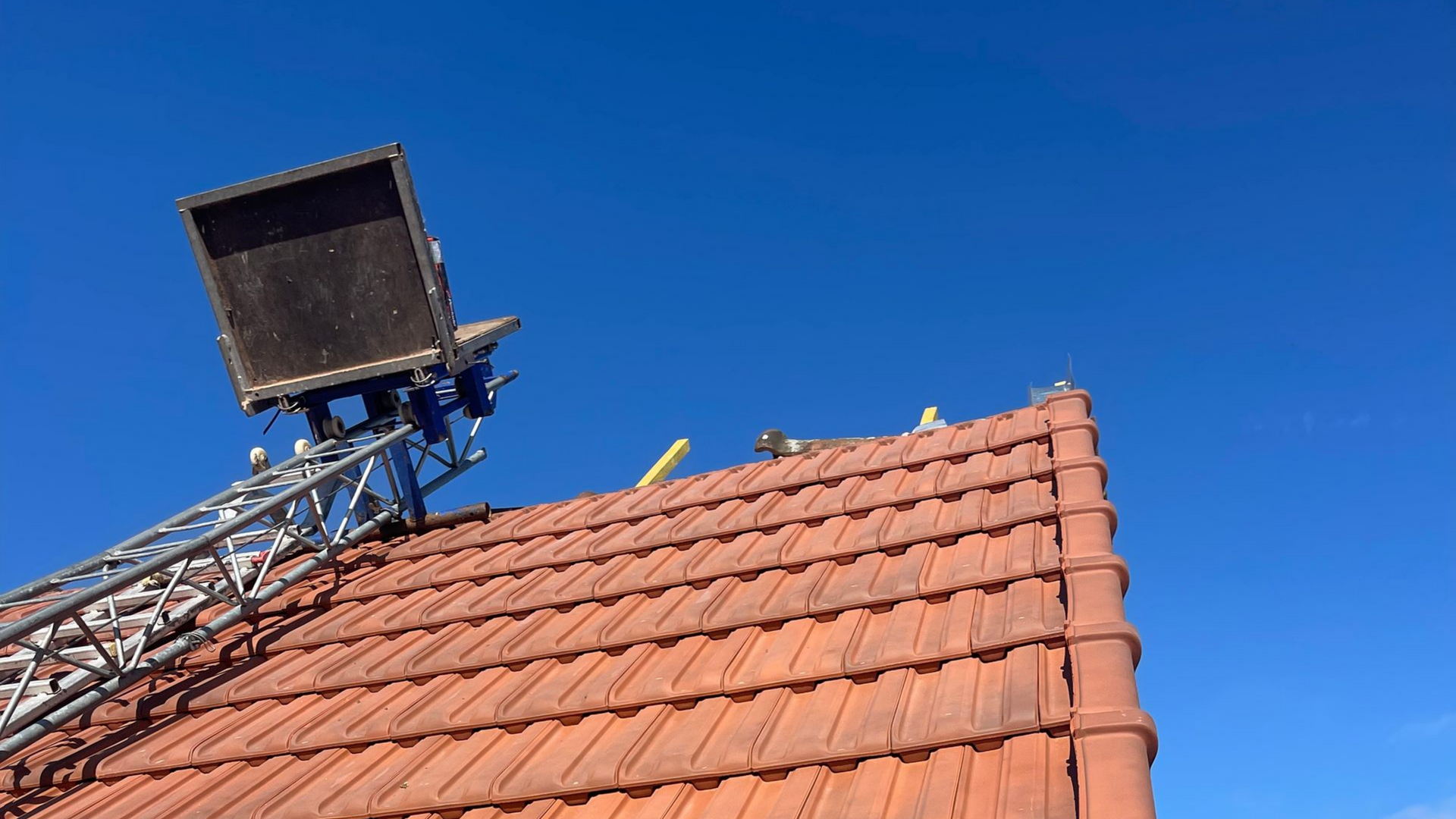 Un toit avec une échelle dépliable ; ciel bleu en arrière-plan.