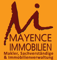 Logo für Mayence Immobilien: braunes stilisiertes „M“ über Text auf gelbem Hintergrund und Banklogo unten.