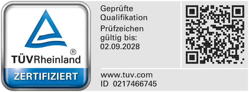 TÜV Rheinland certification mark with QR code, and