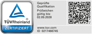TÜV Rheinland certification mark with QR code, and 