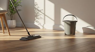 Person, die einen Teppich in einem Wohnzimmer mit einem Teppichreiniger reinigt.