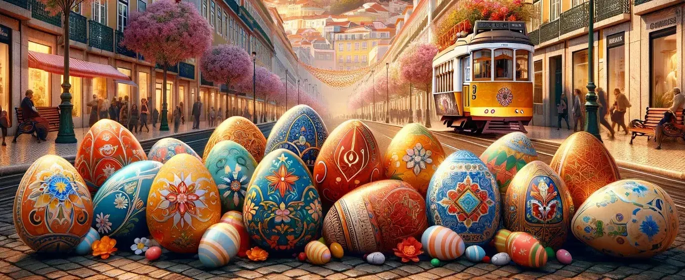 A bunch of easter eggs are sitting on the ground in front of a trolley.