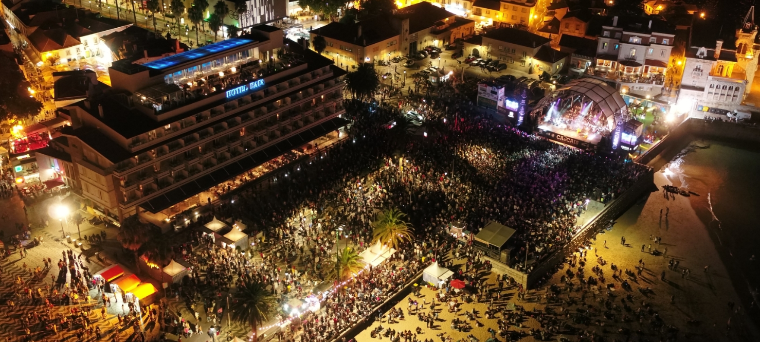 An aerial view of a large crowd of people at a concert at night.