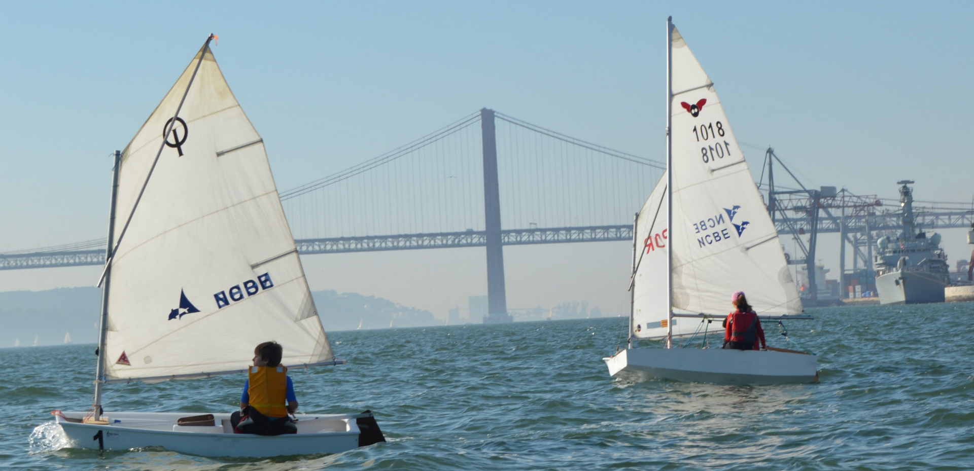 Two sailboats are in the water with a bridge in the background