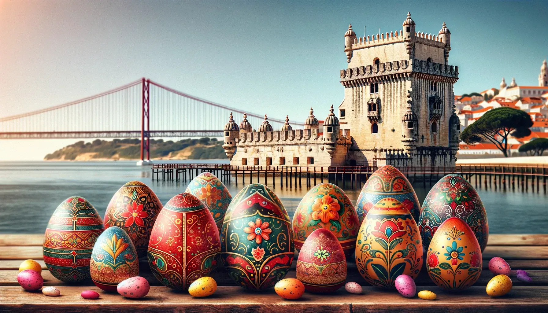 Easter eggs are sitting on a wooden table with a bridge in the background.