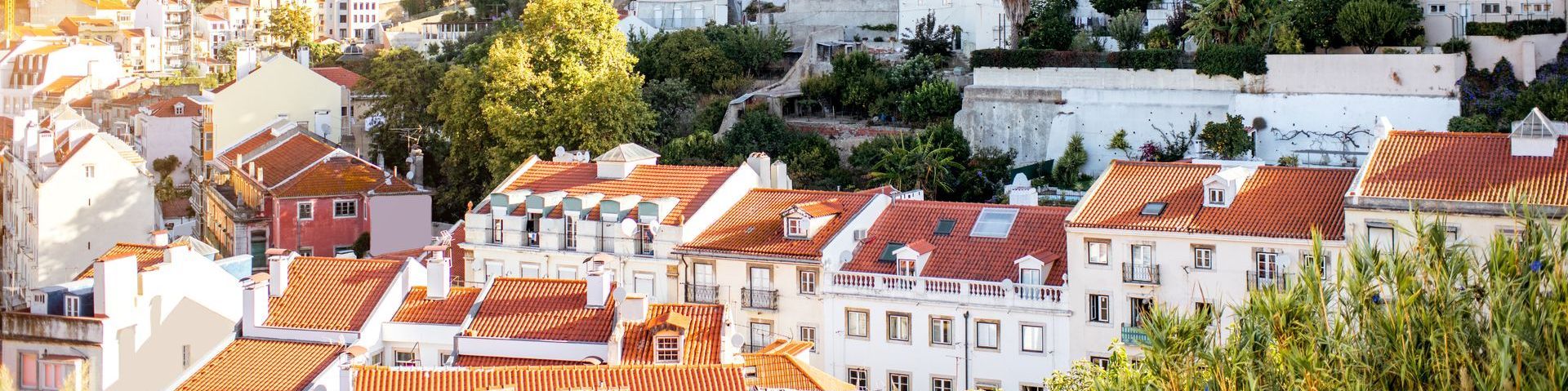 An aerial view of a city with red tiled roofs and trees.