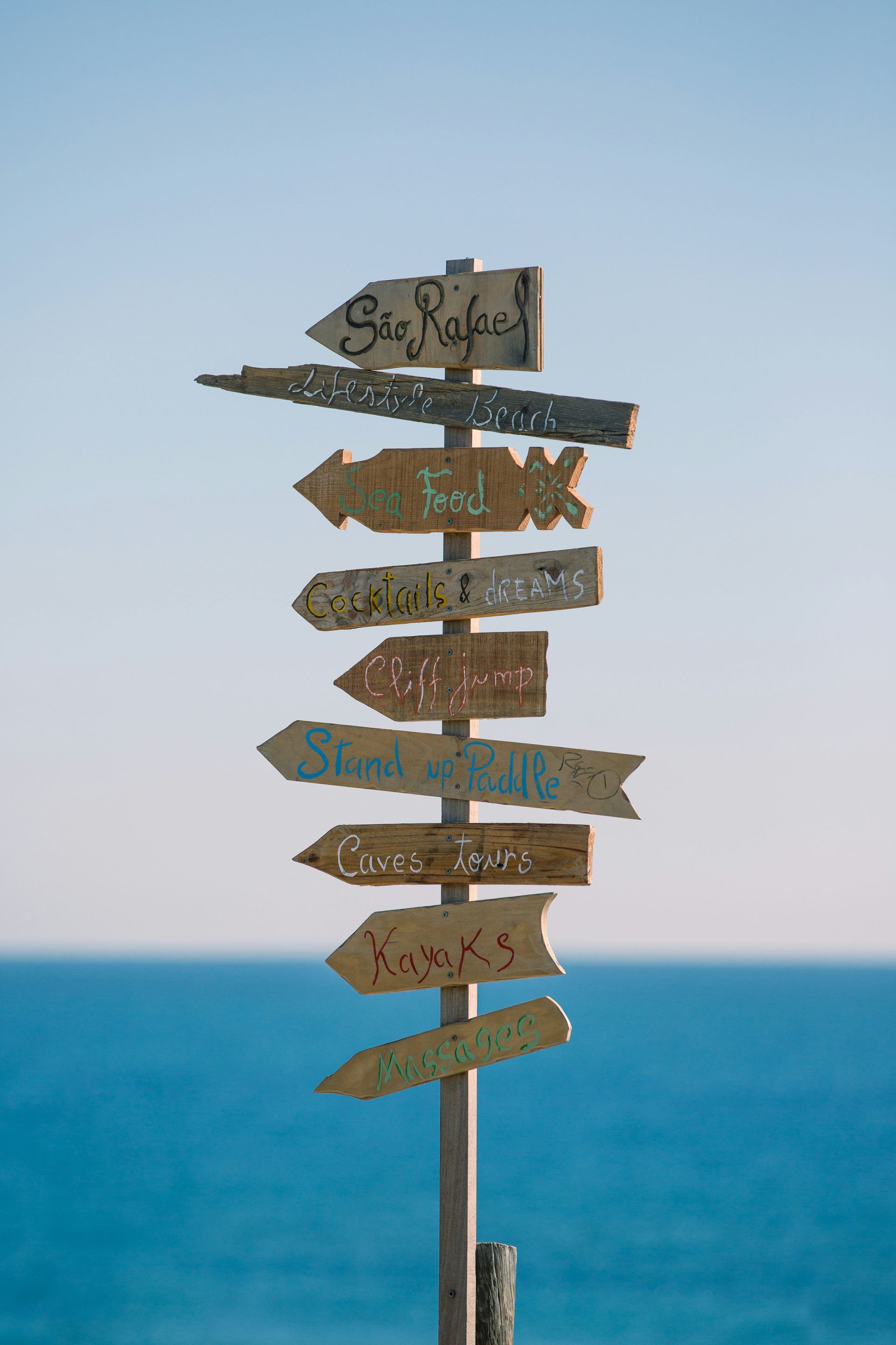 A wooden sign with arrows pointing in different directions is in front of the ocean.