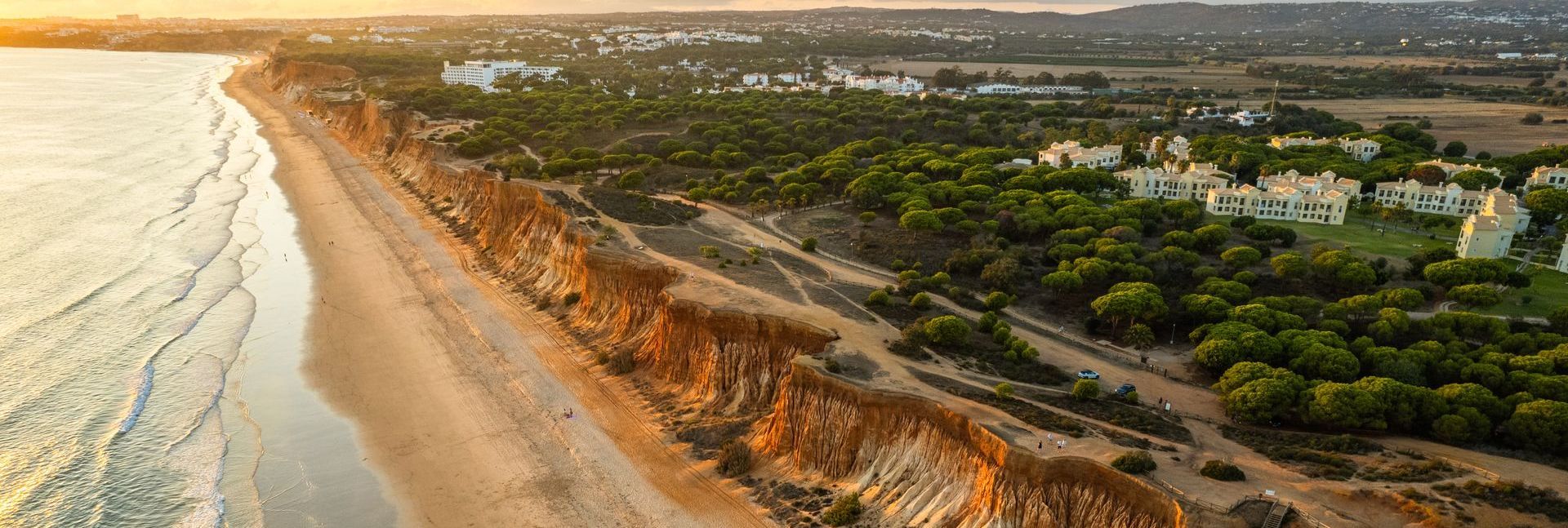 An aerial view of a beach with cliffs and trees at sunset.